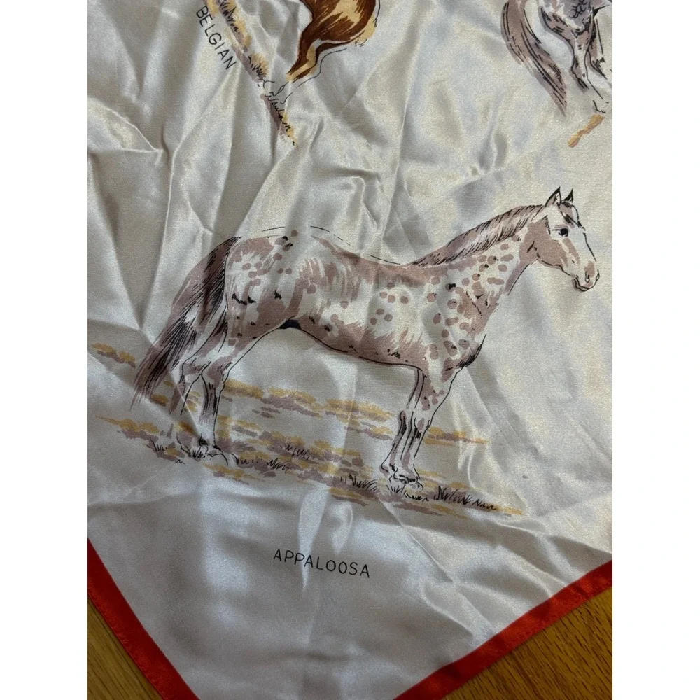 Vintage Horse Breeds Square Scarf Red White Equestrian Made in Japan 29x29
